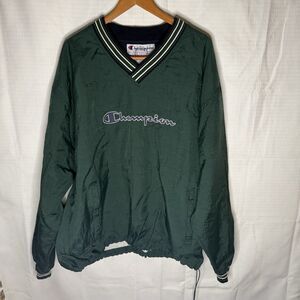 VINTAGE Champion Nylon Windbreaker Mens XL Green Blue Lined Embroidered Logo